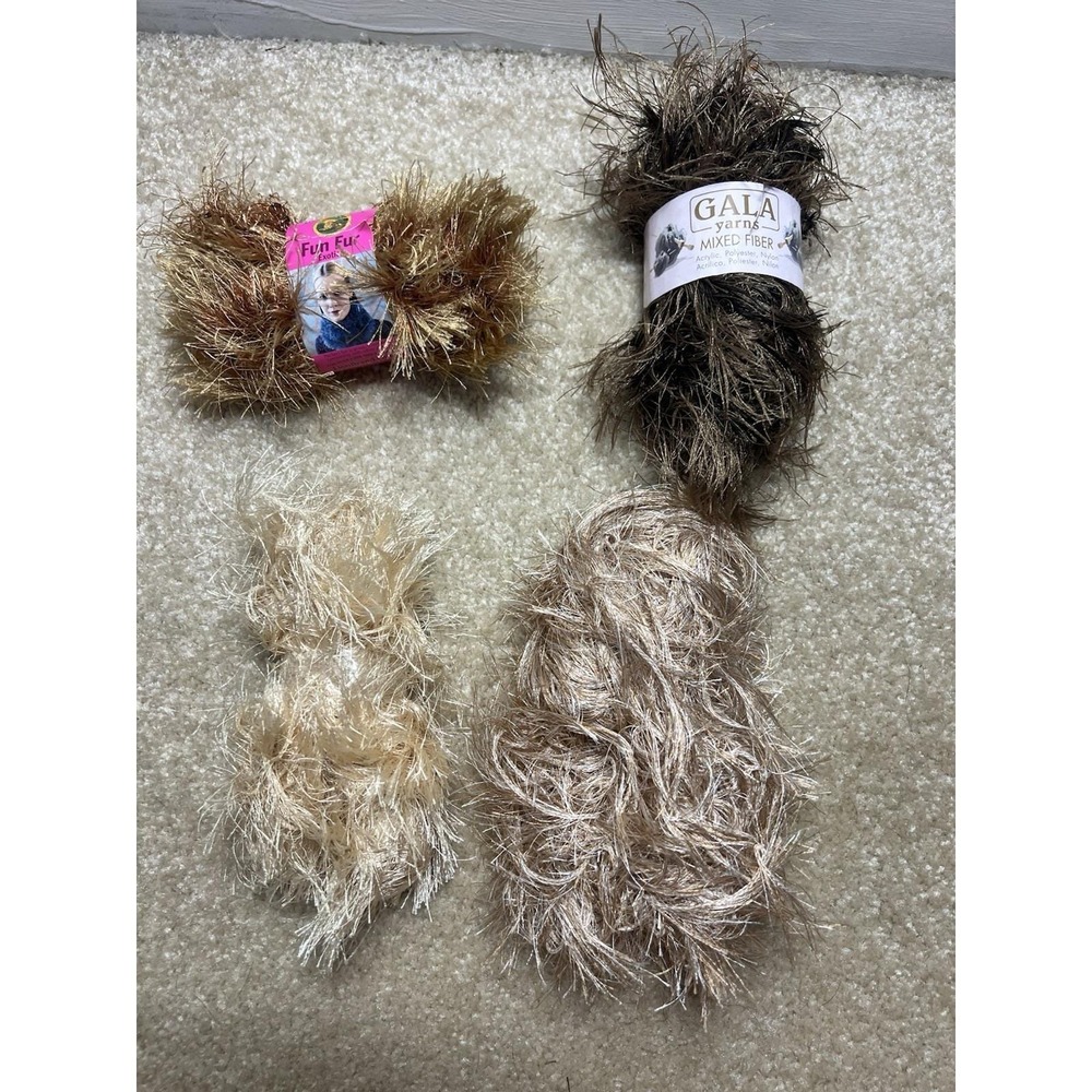 Mixed 4 Skein LOT Eyelash Yarn Neutral Fall Brown Colors Lion Brand Fun Fur Gala